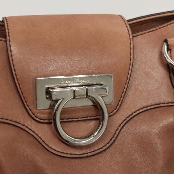 Salvatore Ferragamo Gancini Shoulder Bag Leather Beige Silver Auth sw460