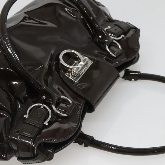 Salvatore Ferragamo Gancini Shoulder Bag Enamel Brown Silver Auth sw461