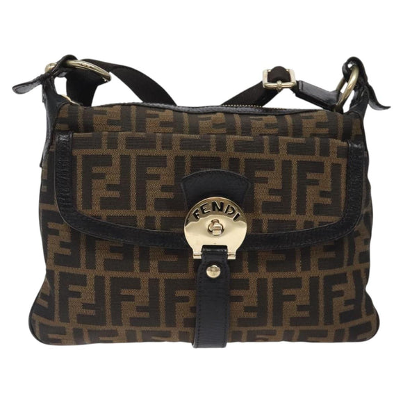 FENDI Zucca Canvas Shoulder Bag Black Brown gold Auth sw462