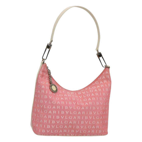 BVLGARI Logo Mania Shoulder Bag Canvas Pink Silver Auth sw464