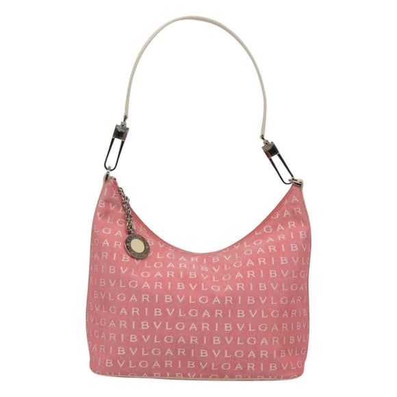 BVLGARI Logo Mania Shoulder Bag Canvas Pink Silver Auth sw464