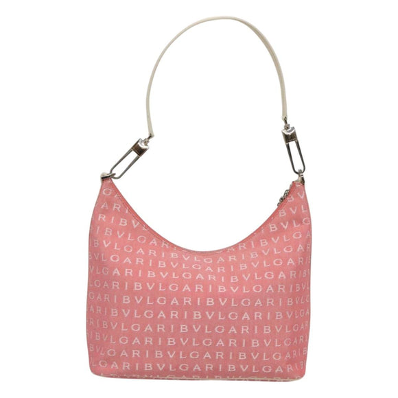 BVLGARI Logo Mania Shoulder Bag Canvas Pink Silver Auth sw464