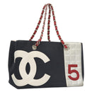 CHANEL Chain Choco Bar line Shoulder Bag Canvas Navy Silver CC Auth sw481-1