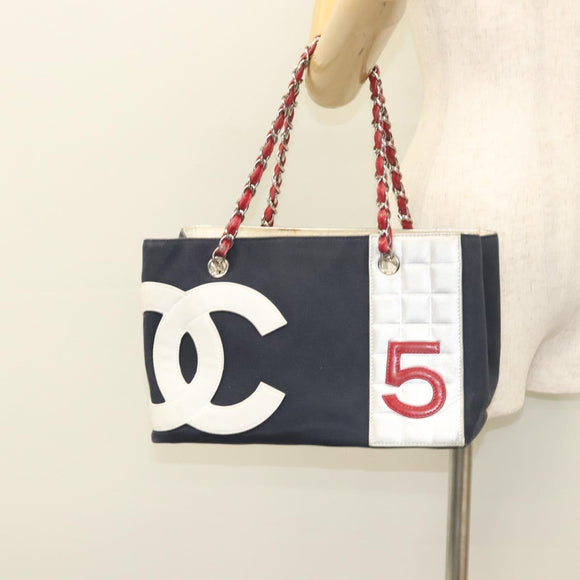 CHANEL Chain Choco Bar line Shoulder Bag Canvas Navy Silver CC Auth sw481