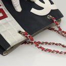 CHANEL Chain Choco Bar line Shoulder Bag Canvas Navy Silver CC Auth sw481-6