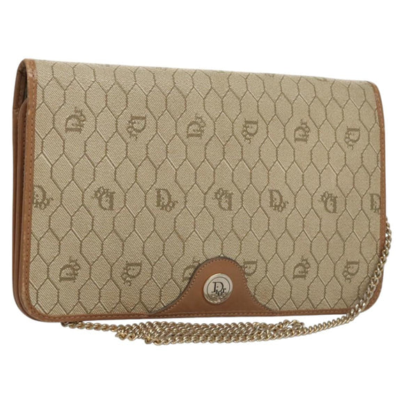 Christian Dior Honeycomb Canvas Chain Shoulder Bag PVC Leather Beige Auth sw505