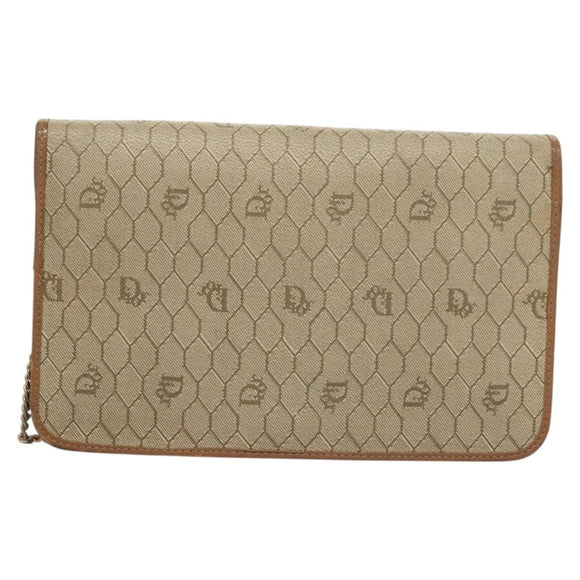 Christian Dior Honeycomb Canvas Chain Shoulder Bag PVC Leather Beige Auth sw505