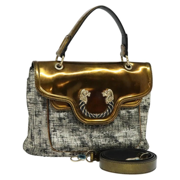 BVLGARI Leoni Hand Bag Leather 2way Gold Auth sw547