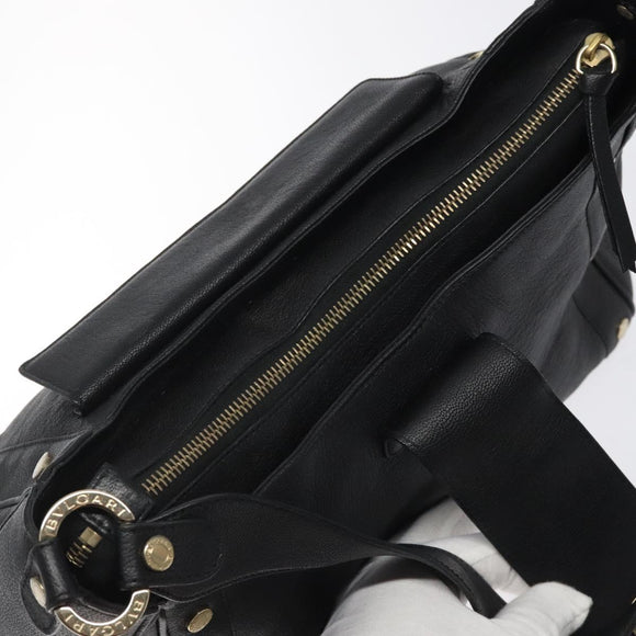 BVLGARI Shoulder Bag Leather Black Gold Auth sw548
