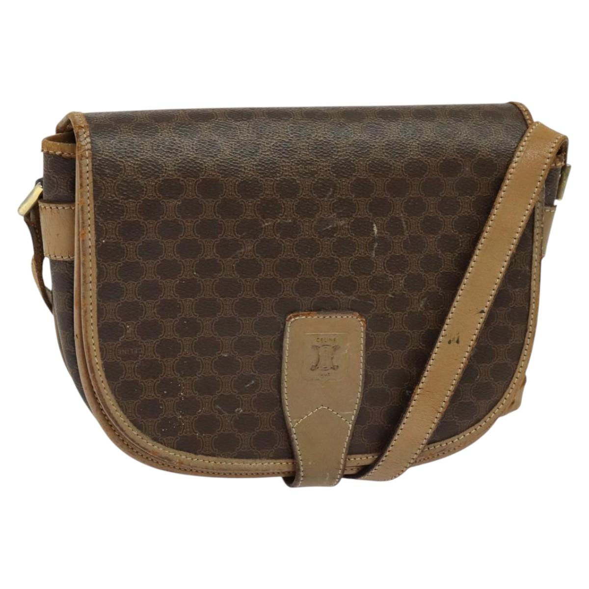 CELINE Macadam Canvas Shoulder Bag PVC Leather Brown Gold Auth