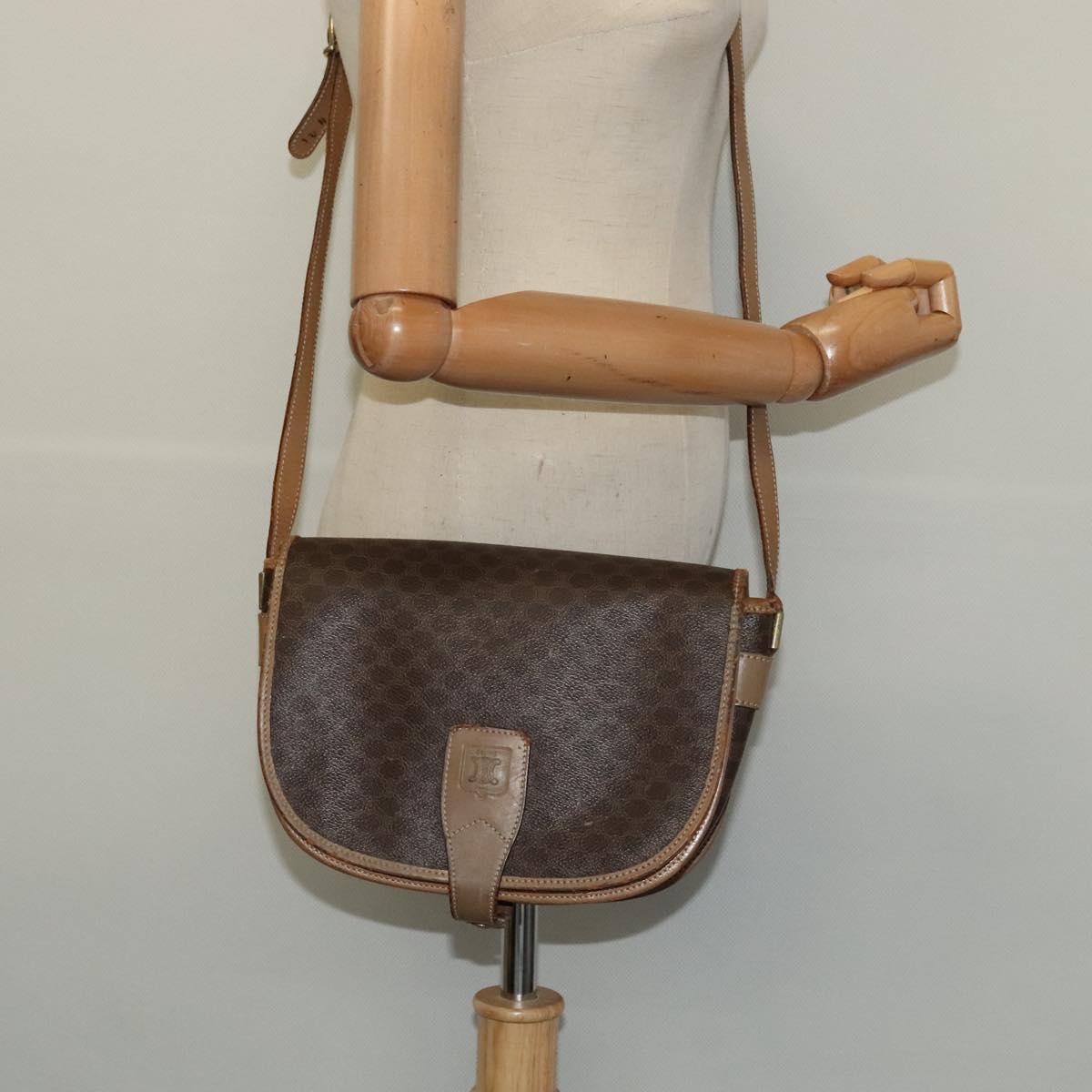 CELINE Macadam Canvas Shoulder Bag PVC Leather Brown Gold Auth 