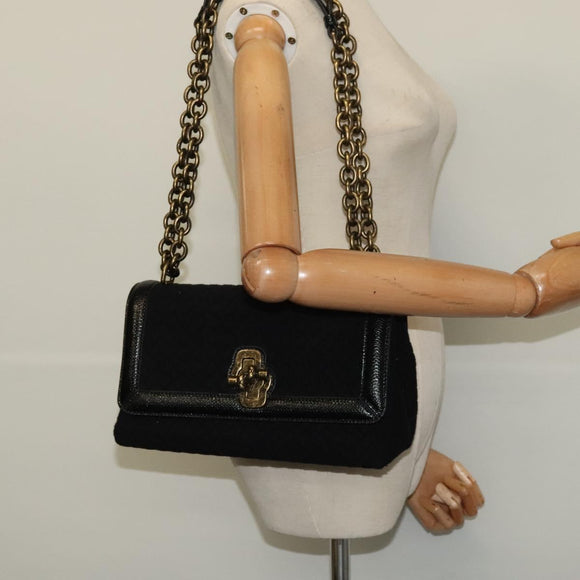 BOTTEGA VENETA Chain Shoulder Bag Cotton Black Gold Auth sw586