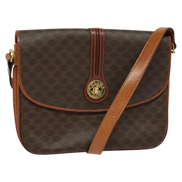 CELINE Macadam Canvas Shoulder Bag PVC Leather Brown Gold Auth sw616