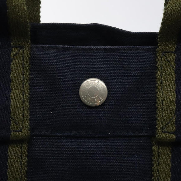 HERMES Fourre Tout PM Hand Bag Canvas Navy Green Silver Auth sw656