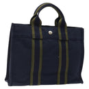 HERMES Fourre Tout PM Hand Bag Canvas Navy Green Silver Auth sw656-1