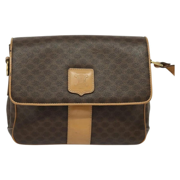CELINE Macadam Canvas Shoulder Bag PVC Leather Brown Gold Auth sw675