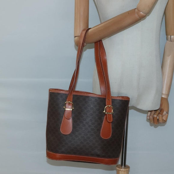 CELINE Macadam Canvas Shoulder Bag PVC Leather Brown Gold Auth sw680