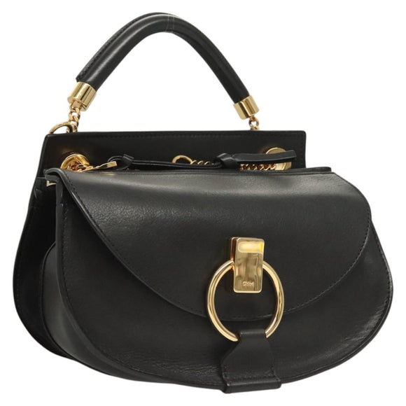 Chloe Goldie Hand Bag Leather Black Gold Auth sw713