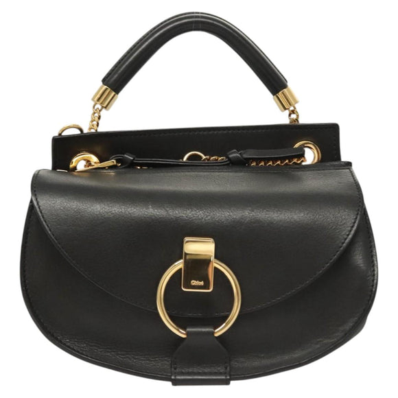 Chloe Goldie Hand Bag Leather Black Gold Auth sw713