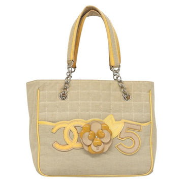 CHANEL Camelia Choco Bar Hand Bag Canvas Beige Silver CC Auth sw727 - 0