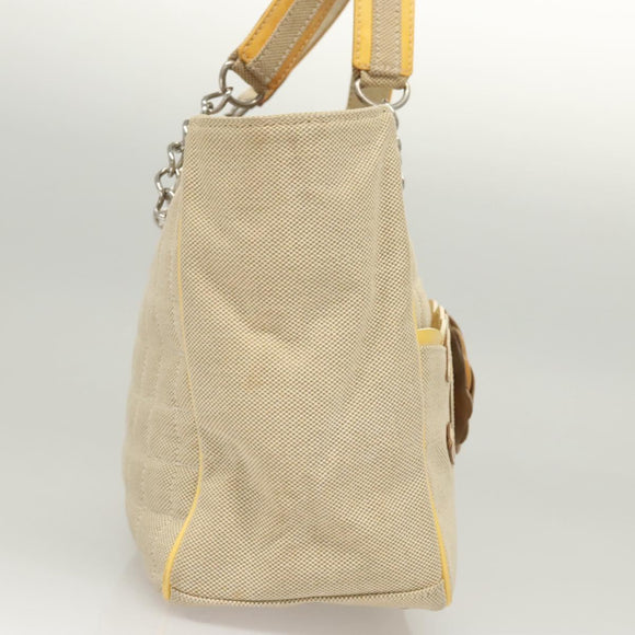 CHANEL Camelia Choco Bar Hand Bag Canvas Beige Silver CC Auth sw727