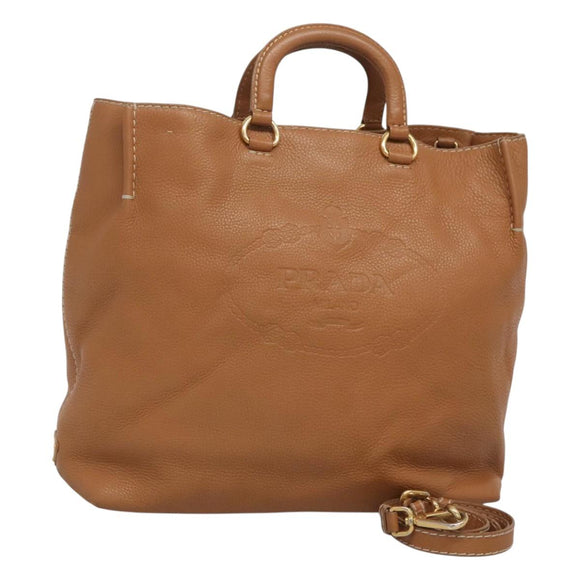 PRADA Hand Bag Leather 2way Beige Gold Auth sw742