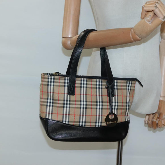 Burberrys Nova Check Hand Bag Canvas Beige Gold Auth sw745