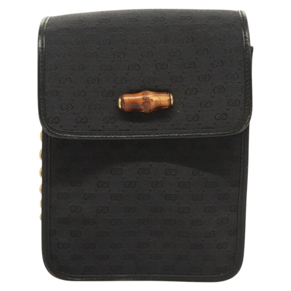 GUCCI Micro GG Canvas Bamboo Shoulder Bag PVC Black Gold Auth sw753