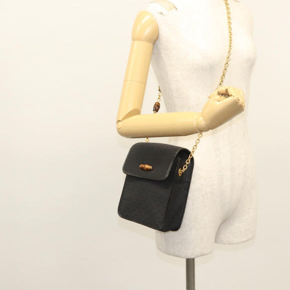 GUCCI Micro GG Canvas Bamboo Shoulder Bag PVC Black Gold Auth sw753