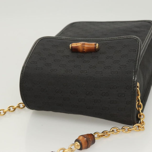 GUCCI Micro GG Canvas Bamboo Shoulder Bag PVC Black Gold Auth sw753