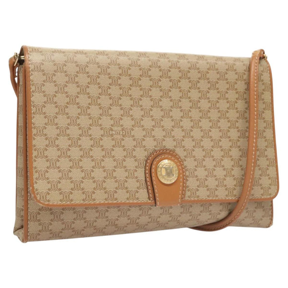 CELINE Macadam Canvas Shoulder Bag PVC Beige Gold Auth sw761