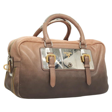 PRADA Hand Bag Leather Beige Gold Silver Auth SW797