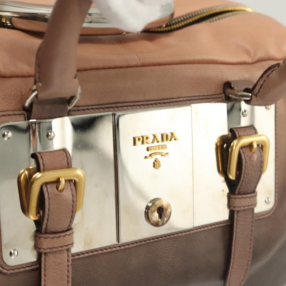 PRADA Hand Bag Leather Beige Gold Silver Auth SW797