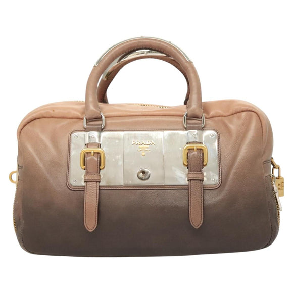 PRADA Hand Bag Leather Beige Gold Silver Auth SW797