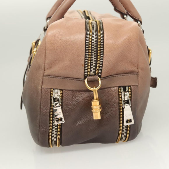 PRADA Hand Bag Leather Beige Gold Silver Auth SW797