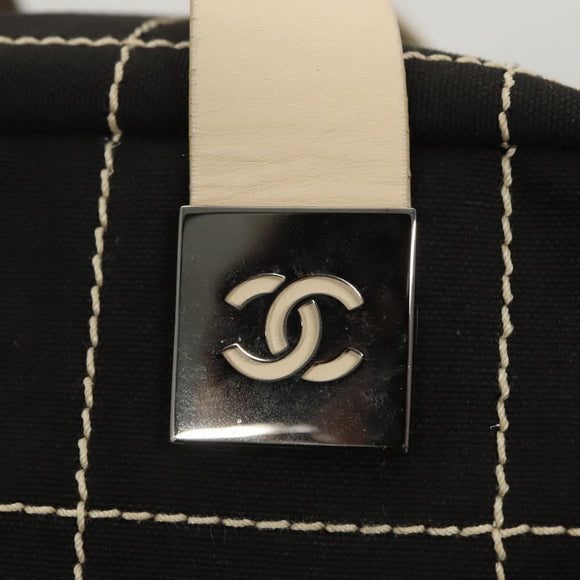 CHANEL Choco Bar line Hand Bag Canvas Black CC Auth SW800