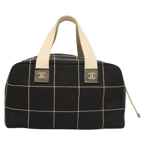 CHANEL Choco Bar line Hand Bag Canvas Black CC Auth SW800