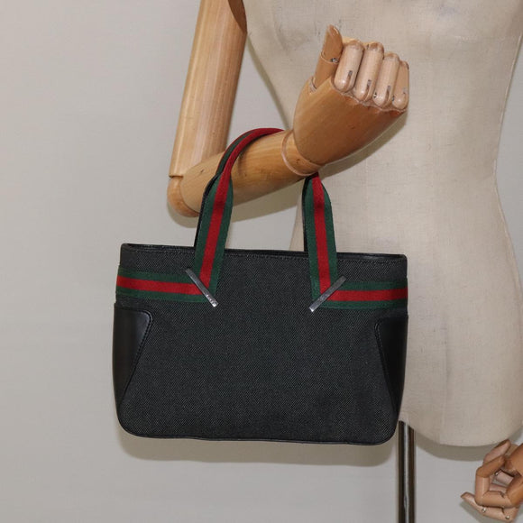 GUCCI Web Sherry Line Hand Bag Canvas Black 73984 Auth SW831