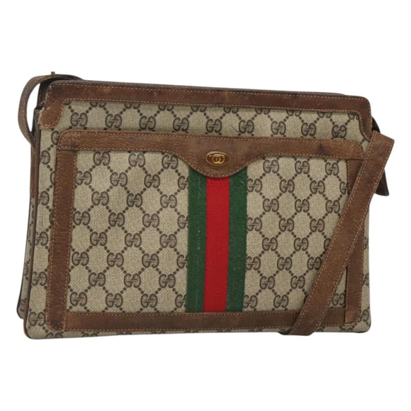 GUCCI GG Supreme Web Sherry Line Shoulder Bag PVC Beige Gold Auth SW849