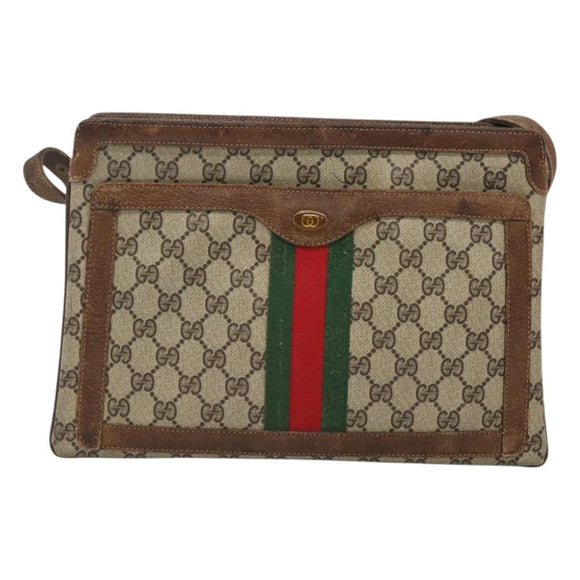 GUCCI GG Supreme Web Sherry Line Shoulder Bag PVC Beige Gold Auth SW849