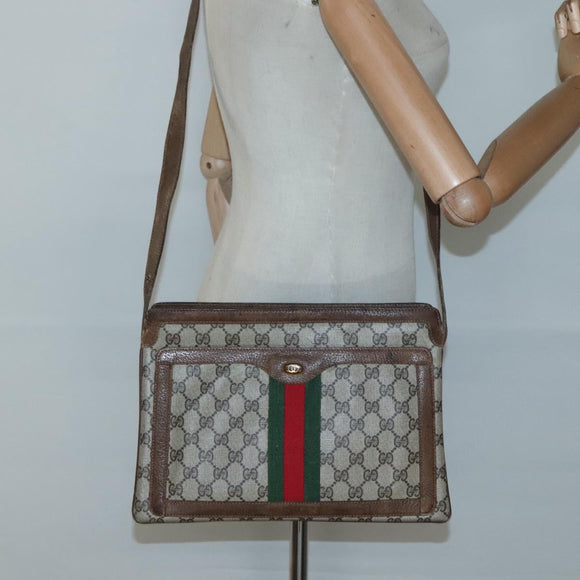 GUCCI GG Supreme Web Sherry Line Shoulder Bag PVC Beige Gold Auth SW849