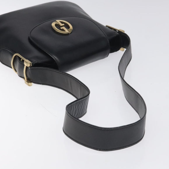 GUCCI Shoulder Bag Leather Black Gold Auth SW972