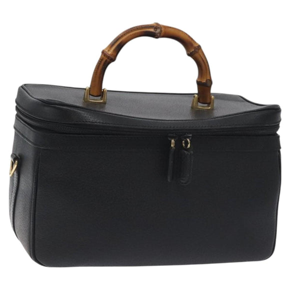 GUCCI Bamboo Hand Bag Leather Black Gold 013 122 2491 Auth SW974