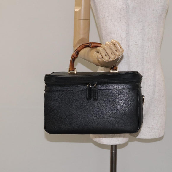 GUCCI Bamboo Hand Bag Leather Black Gold 013 122 2491 Auth SW974