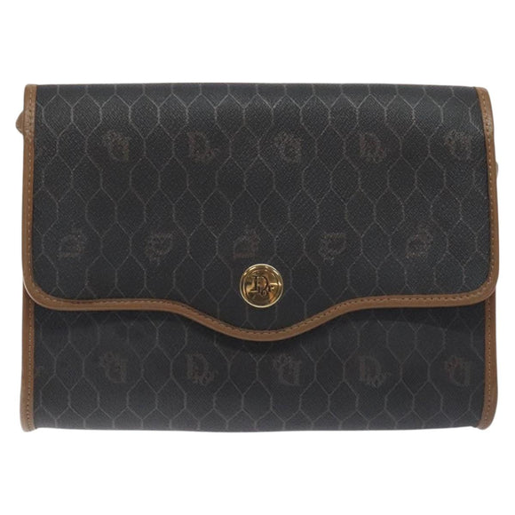 Christian Dior Honeycomb Canvas Shoulder Bag PVC Black Gold Auth SW976