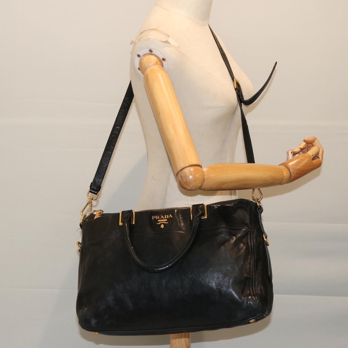 PRADA Tote Bag Leather 2way Black Auth tb1054