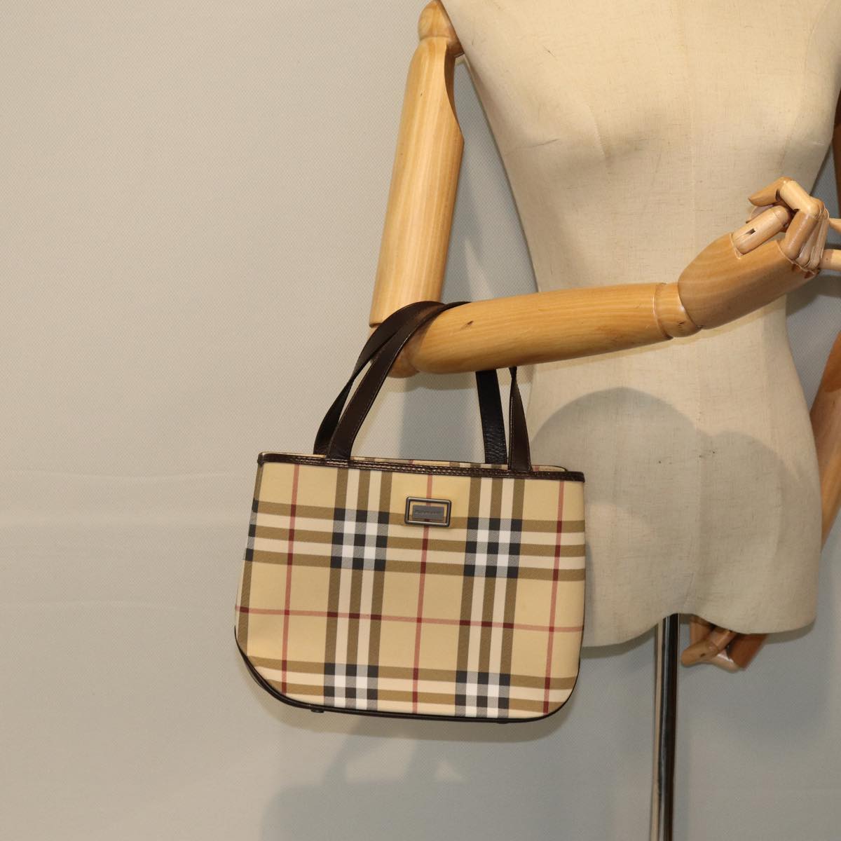 BURBERRY Nova Check Hand Bag Coated Canvas Beige Auth tb1099