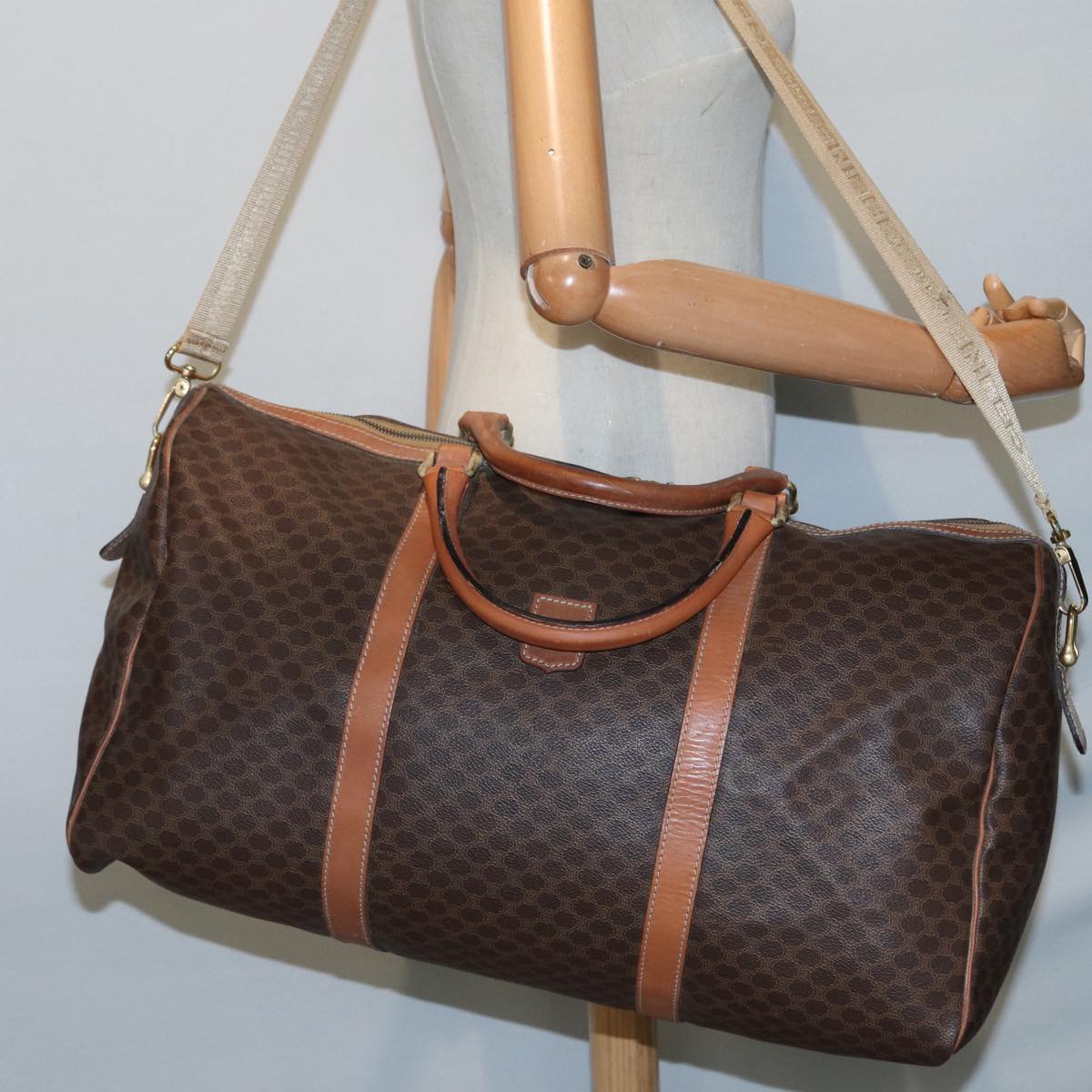 CELINE Macadam Canvas Boston Bag PVC Leather 2way Brown Gold Auth tb1116