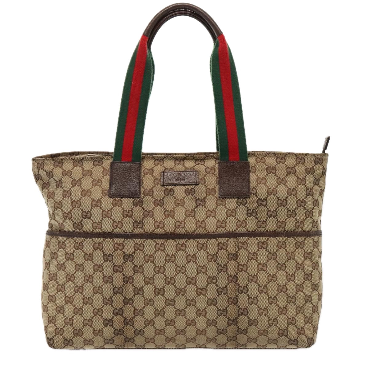 GUCCI GG Canvas Web Sherry Line Tote Bag Beige Red Silver 155524 Auth tb1158