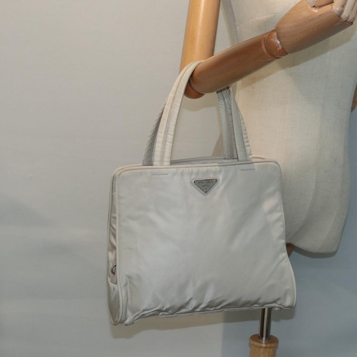 PRADA Hand Bag Nylon Beige Silver Auth tb1164